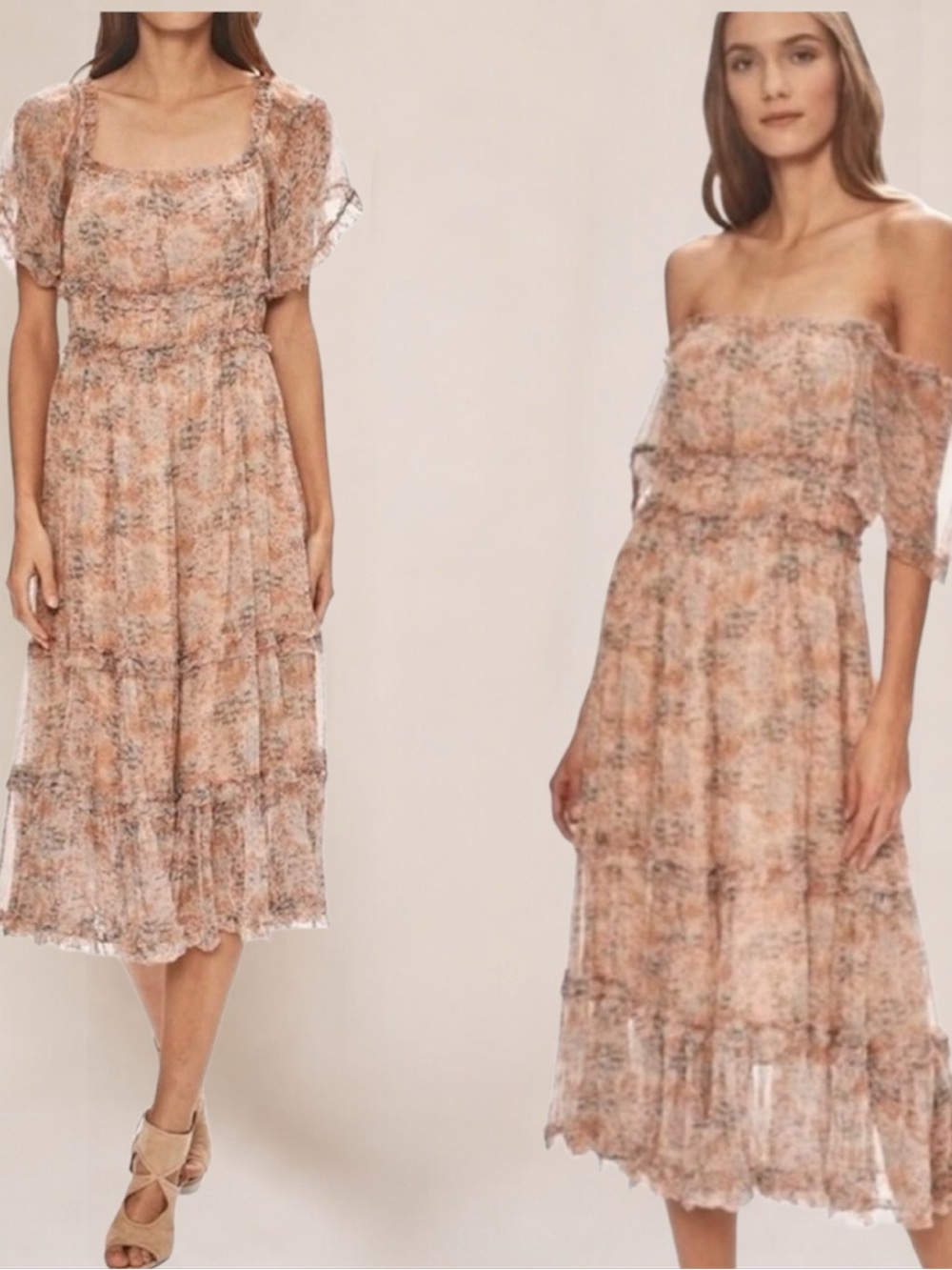 Anthropologie Love The Label Waterlily Floral Off Shoulder Chiffon Midi Dress M